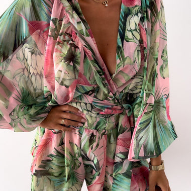 2023 Sexy Deep V Neck Jumpsuit For Women Summer Casual Boho Beach Vacation Outfit Fashion Print Lantern Sleeve Rompers Shorts
