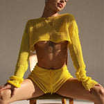 2023 Sexy Beach Crop Top Shorts Sets Women Knit Long Sleeve Lace Up Female Suit Summer Holiday See Through 2 Piece Set Womens