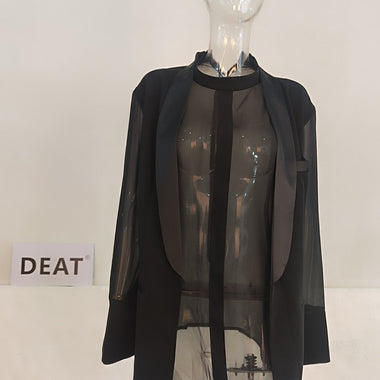 DEAT Fashion Women's Blazer Fake 2 Pcs O-neck Splicing Translucent Gauze Long Sleleve Suit Jackets Autumn 2023 New Tide 17A2746