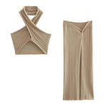 TRAFZA Retro Slit Knotted Knit Skirt Women's Slim Skirt Set Fashion Metallic Color Cross Women's Short Vest Top 2-Piece Set