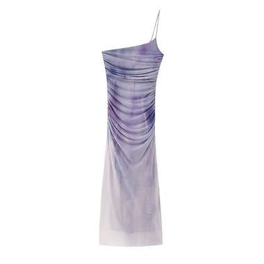 TRAFZA Female Hotsweet Sexy Dresses Gradient Color Slash-Neck Folds Sleeveless Zipper Summer Elegant And Pretty Women's Dresses