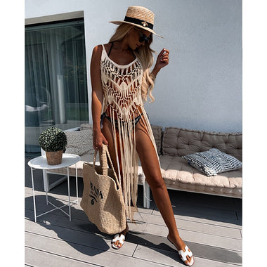 2023 Crochet Tunic Bikini Cover-ups Sexy Hollow Out Dress Women Summer Clothes Beach Wear Swim Suit See Through Tassel Cover Up