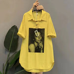 Streetwear Stylish Printed Midi Blouse Summer Commute Short Sleeve Women's Clothing Korean Casual Loose Polo-Neck Button Shirt