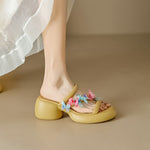 Fashion Crystal Women Sandals Summer 2023 New Round Heels Gladiator Sandals Woman Beige PU Leather High Heeled Slippers