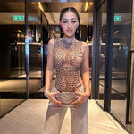 Akaily Summer Mesh See Through Letter Print Tops For Women 2023 O Neck Sleeveless Tops Street Bodycon Flesh Tee  Shirts Female