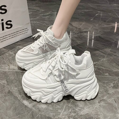 Women Autumn Breathable Mesh Chunky Sneakers 8CM Heels Thick Sole Casual Vulcanized Shoes High Platform Leather Sneakers Woman