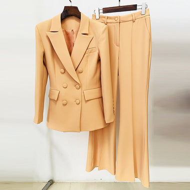 HIGH STREET Newest 2023 Designer Suit Set Women's Career Fashion Double Breasted Blazer Flare Pants Suit 2pcs