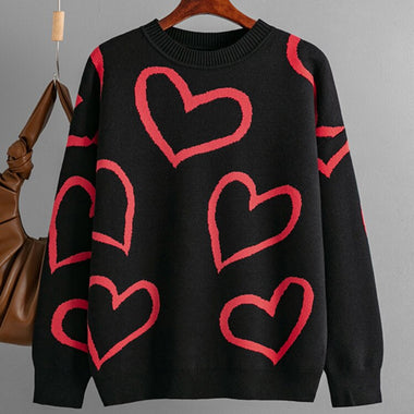 Heart Print Knitted Sweaters Women Winter Warm Oversize Thick Pullovers Female Casual Aesthetic O Neck Jumper Ladies Sueter