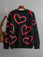 Heart Print Knitted Sweaters Women Winter Warm Oversize Thick Pullovers Female Casual Aesthetic O Neck Jumper Ladies Sueter