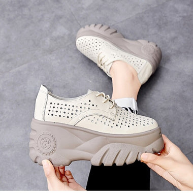 Summer New Korean Style Leisure Slim Super High Heels Platform Breathable Hollow Cross-tied Genuine Leather Women Casual Pumps
