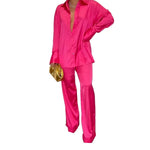 2023 Elegant Satin Women's Matching Sets Casual Long Sleeve Shirt Straight Pants Suit Female Loose Solid Tops Two Pieces Outfits