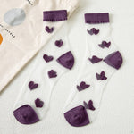 Summer Woman Socks Japanese Style Sweet Crytal Glass Silk Socks Heart Print Ultra-thin Transparent Girls Kawaii Cute Long Socks