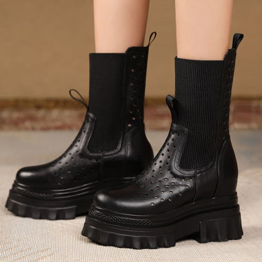Summer New Fashion Slim Super High Heels Platform Hollow Sewing Genuine Leather Women Mid-Calf Half Chelsea Modern Boots 2305