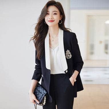 #5238 Black Beige V-neck Spliced Color Single Button Blazer Women Korean Style Office Blazer Coat Female Regular Fit Vintage
