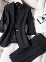 Casual Small Suit Jacket Women's Ninth Pants 2023 Summer Thin Korean Fashion Cropped Sleeve Coat Two Piece Sets Womens Outifits
