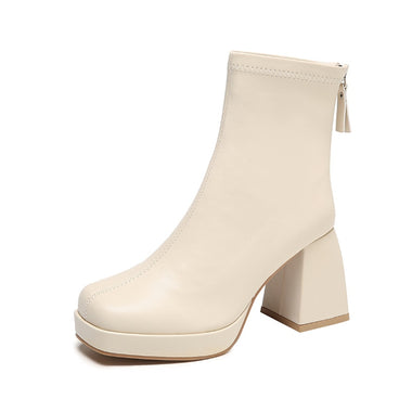 New Fashion Ankle Boots for Women High Heels Chunky Platform Stretch Fabric Square Toe White Sole Zipper Young Lady Booties 2022