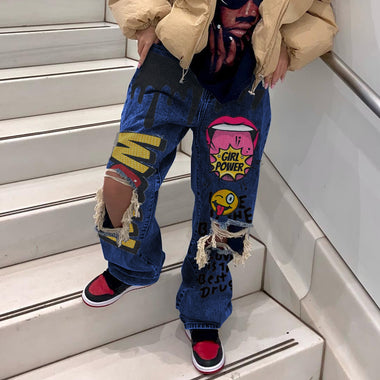 Women's 2023 Spring and Autumn New Spicy Girls Street Fashion Hip Hop Rock Letter Print Pattern Knee Hole Straight Leg Jeans