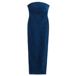 TRAFZA 2023 Women Elegant Denim Dress Strapless Back Zipper Slit Dresses Summer Female Off Shoulder Backless Denim Long Dress