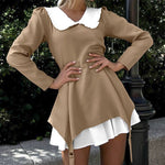 Doll Collar Casual Sheath Dresses for Women Autumn Long Sleeve Pullover Black and White Bodycon Knee Length Femme Fashion Dress