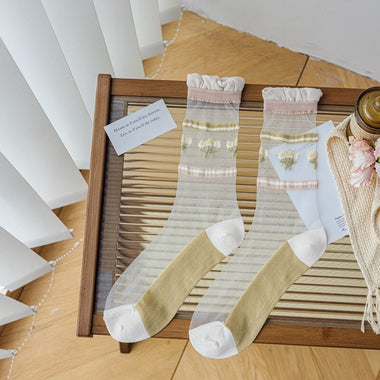 Ultra-thin Transparent Crystal Silk Socks Women Fashion Summer Harajuku Crew Socks Retro Flower Streetwear Elastic Long Socks