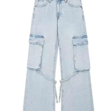 TRAFZA Women 2023 Fashion Solid Color Jeans Lace up With Pocket Wide Leg Jeans Female Casual Loose Straight Denim Trousers Woman