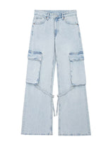 TRAFZA Women 2023 Fashion Solid Color Jeans Lace up With Pocket Wide Leg Jeans Female Casual Loose Straight Denim Trousers Woman