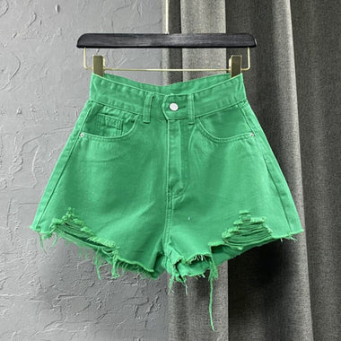 Women's Denim Shorts High Waist Casual Solid Zipper Fly Fashion Shorts Loose Sexy Green A-shaped Hot Pants 2023 New Summer