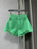 Women's Denim Shorts High Waist Casual Solid Zipper Fly Fashion Shorts Loose Sexy Green A-shaped Hot Pants 2023 New Summer