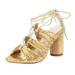 Summer Gold Heels Cross Strappy Lace Up Sandals For Women Elegant Fashion Med Block Metalic Velvet Wedding Dress Shoes Open Toe
