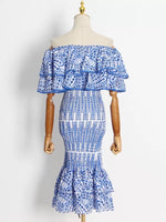 Western style, heavy industry, embroidery, hollowed-out ruffled one-word collar jacket, high elastic and slim fishtail overskirt