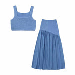 TRAFZA Women Fashion Blue Knitted Skirts Suit Vest Top+ Vintage Elastic Waist Pleated Skirt Elegant Woman Chic Set Streetwear