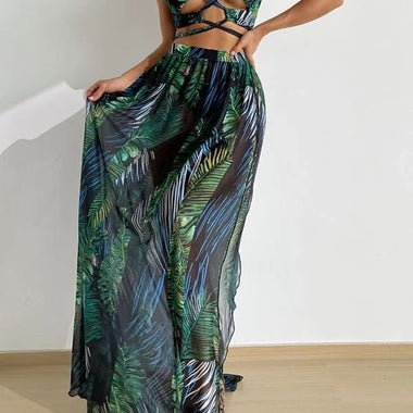 Longuette Three Piece Bikini Swimsuit Maxi Dress Tie-dyed Halter Women Swimwear Bikini Set 2023 Summer Beach Bathing Suit