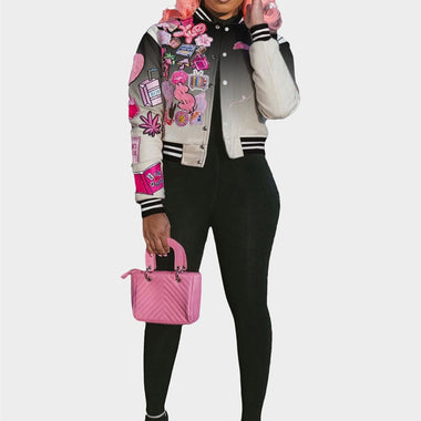 FQLWL Autumn Streetwear Print Jackets For Women 2023 Letter Long Sleeve Graphic Singlebreasted Jackets Black Varsity Jackets