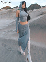 Tawnie Hooded Skirt Set Sexy Two Piece Set Long Skirt And Crop Top Backless Off Shoulder Split Summer Fashion Women Slim Vestido