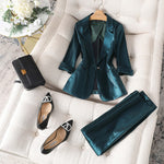 Women Satin Silk Blazers 2023 Autumn Solid Color Notched Collar Single Button Blazer Ladies OL Elegant Slim Glossy Suit Set