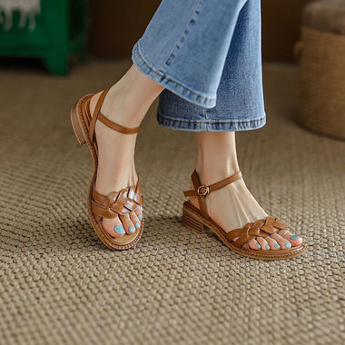 Retro Women's Sandals Roman Literary Style Hollow Female Shoes Summer Solid Color Thick Heels Flat Bottom Ladies Shoes