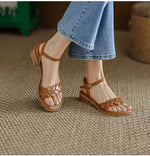 Retro Women's Sandals Roman Literary Style Hollow Female Shoes Summer Solid Color Thick Heels Flat Bottom Ladies Shoes