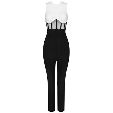 Insert Mesh Black and White Bodycon Bandage Jumpsuit For Women's Party Jumpsuit Elegant Sexy Birthday Evening Club Outfits