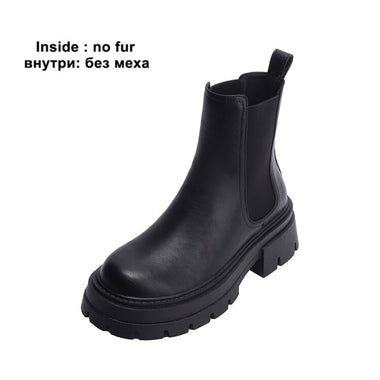 LeShion Of Chanmeb Women Genuine Leather Chelsea Boots INS Fashion Thick Chunky Heels Platform Ankle Short Boot Lady Winter Shoe