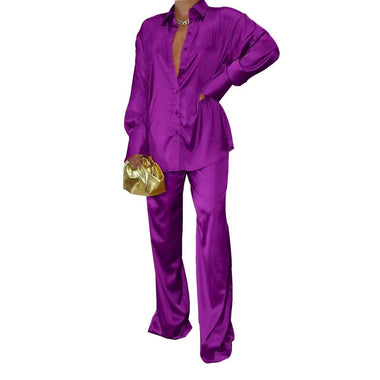 2023 Elegant Satin Women's Matching Sets Casual Long Sleeve Shirt Straight Pants Suit Female Loose Solid Tops Two Pieces Outfits