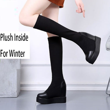 Spring Autumn Women Platform Height Increasing Long Boots Winter Lady Patchwork Breathable Concise Over The Knee Boots 221115