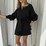 2023 New Beach Shirt Shorts Two-Piece Set Women Summer Casual Tracksuit Female Loose Long Sleeve Top Suit Lounge Wear Homewear