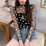 Female Leisure Women Mesh Top Long Sleeve See Through Lace T-shirts Sexy Transparent Fishnet Tops Clubwear Tee Shirts