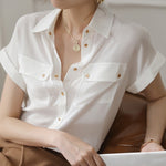 2022 Summer Blouses Shirts Women Short Sleeve Tops Solid Lapel Pockets White Shirts Office Lady Korean Female Clothing Blusas