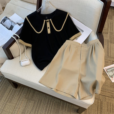 2023 Summer Casual Patchwork Two-piece Set Women Short Sleeve Peter pan Collar Top + Shorts Vintage 2 Piece Shorts Set Outfits