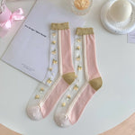 Ultra-thin Transparent Crystal Silk Socks Women Fashion Summer Harajuku Crew Socks Retro Flower Streetwear Elastic Long Socks