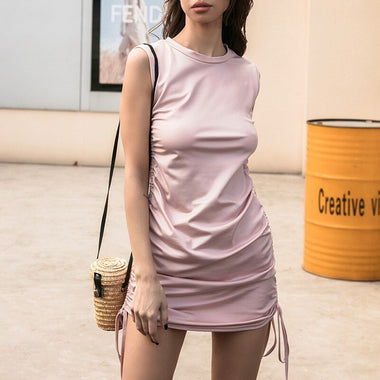 Women's Pu Leather Sleeveless Bodycon Dress -Side Drawstring Tank Dress Party Bodycon Dress
