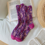 New Purple Socks Women Ethnic Embroidery Harajuku Crew Socks Japanese Korean Fashion Vintage Streetwear Kawaii Long Socks Women