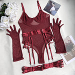MIRABELLE Tight Fitting Lace Bodysuit See Through Sexy Lingerie Body With Gloves Garter Outfit Sissy Crotchless Mesh Top