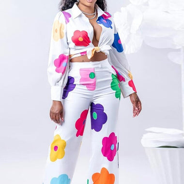INS Fashion Floral Print Tracksuit Women Two 2 Piece Set Outfits Autumn Clothing Shirt Top and Pants Suits Streetwear Woman Sets